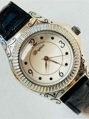 Brighton Roxbury Women's Watch Silver Plated White Dial Black Croco Leather